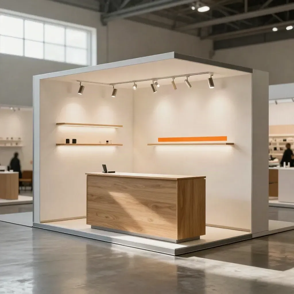 Stand fieristico milanese finito, illuminato e vuoto, con reception e nicchie prodotto