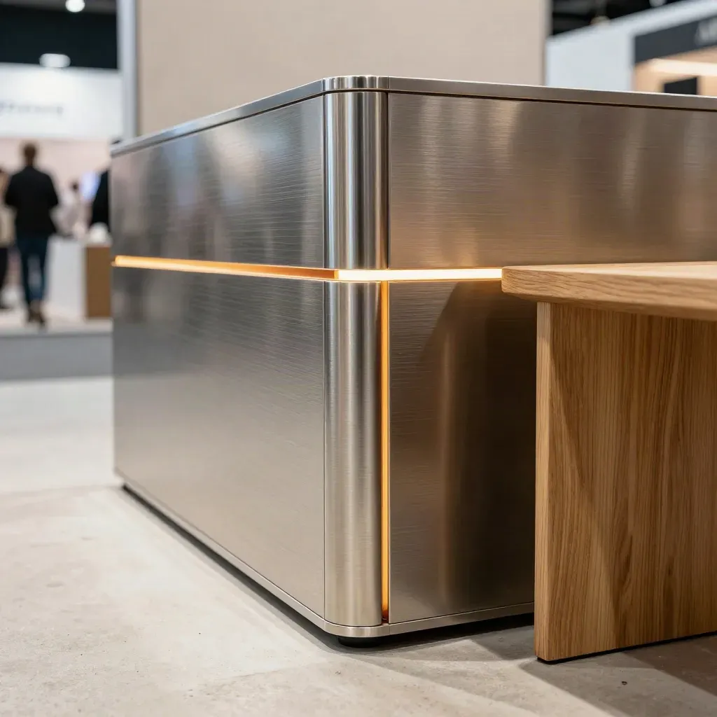 Dettaglio macro di uno stand fieristico angolare con profili LED e finiture metalliche.