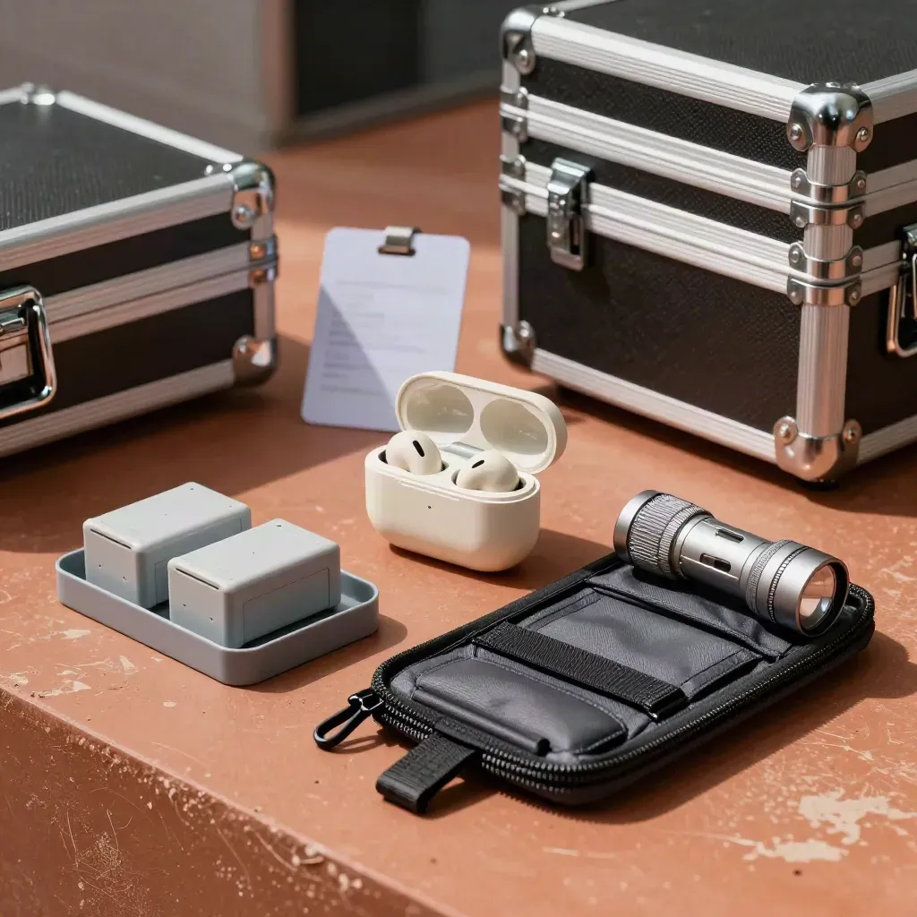 Auricolare, batterie, torcia e organizer tecnico su piano da backstage fiera, luce drammatica.