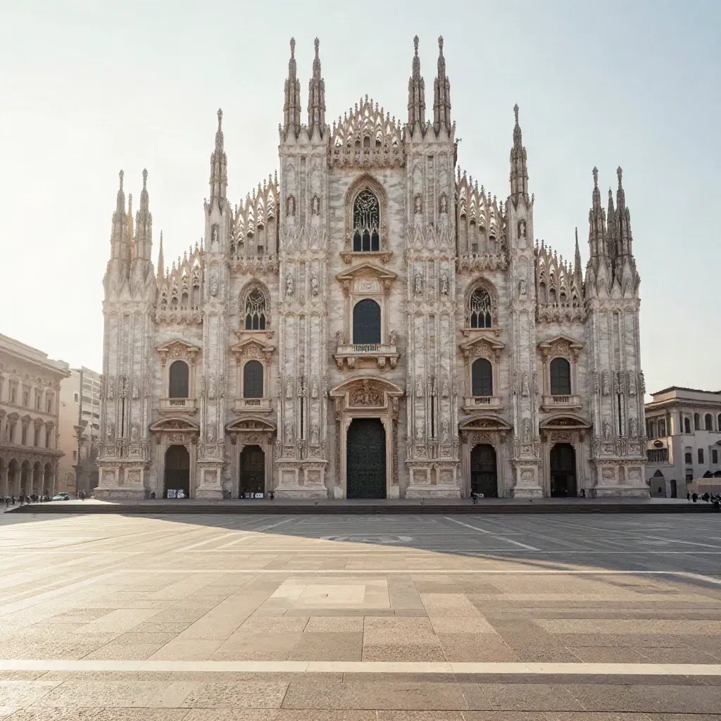 Il Duomo di Milano all’alba sopra una piazza di pietra chiara nella foschia mattutina