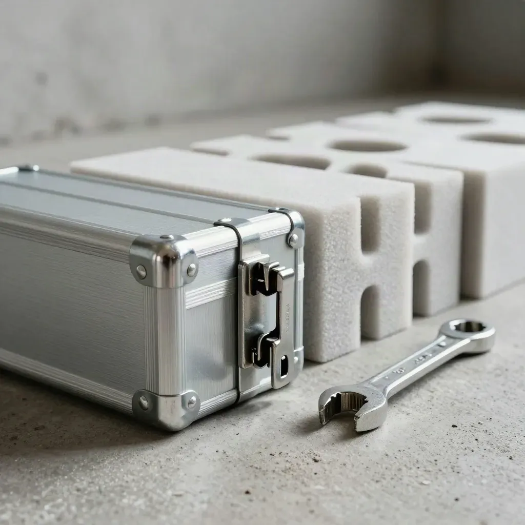 Kit di montaggio con angolari in alluminio, latch, foam e chiave a bussola su cemento